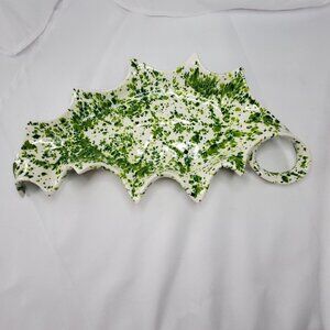 VTG Ceramic Holly Leaf-Shaped serving Tray Green White Splatter 1970's MCM